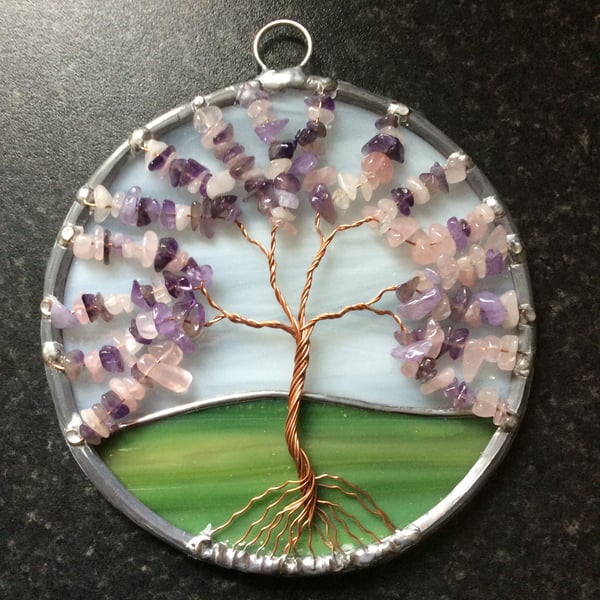 Amethyst and rose quartz tree of life suncatcher 