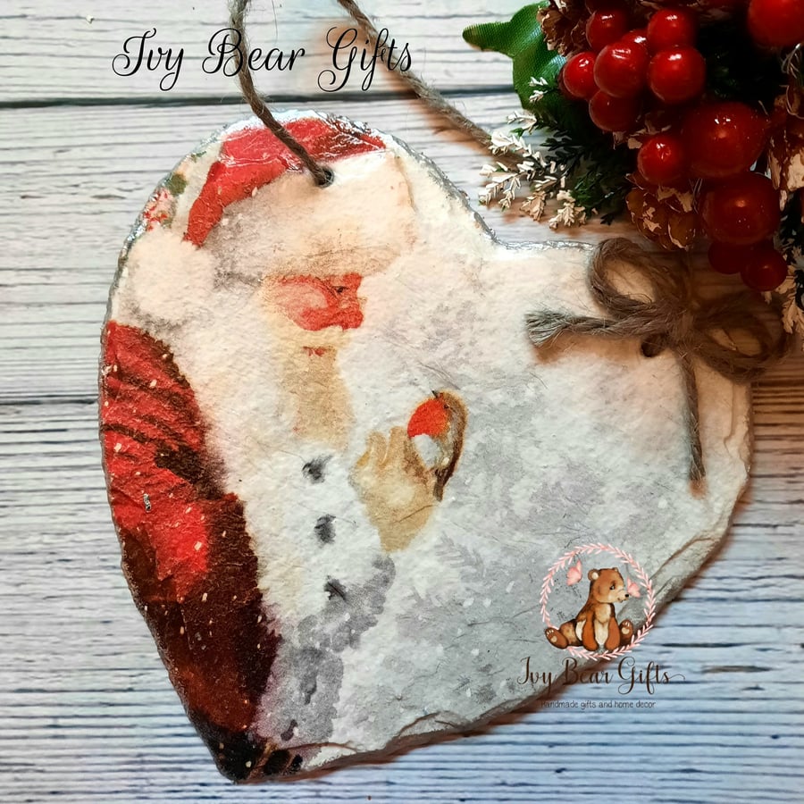 Santa Claus with robin Christmas slate decoration