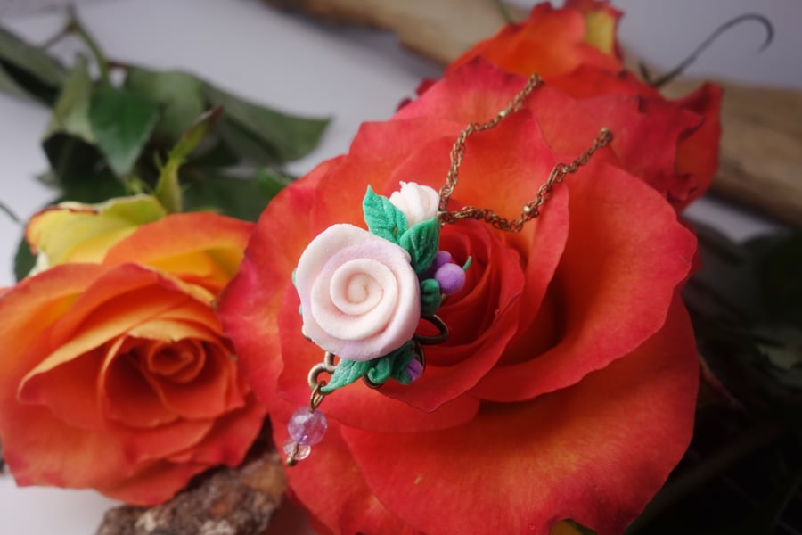   Soft Pink Floral Rose Necklace, Handmade Gift for Her