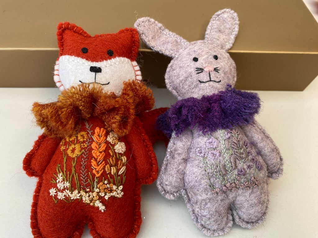 Woodland fox and rabbit, felt animal wall decorations, boxed animal dolls