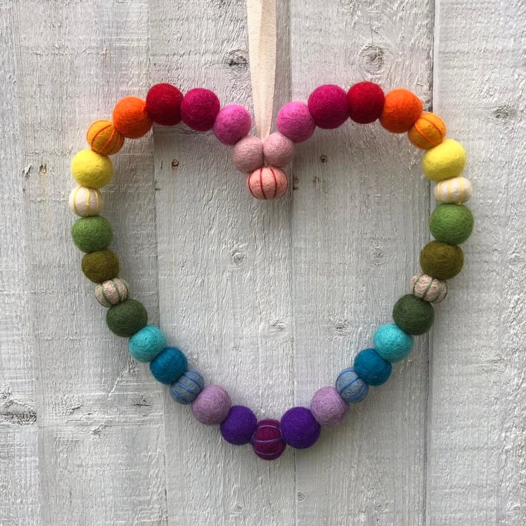Rainbow Nepalese felt ball loveheart