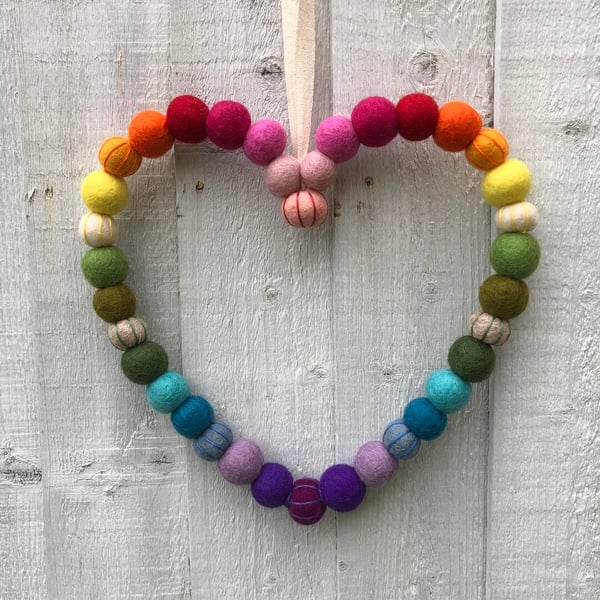 Rainbow Nepalese felt ball loveheart