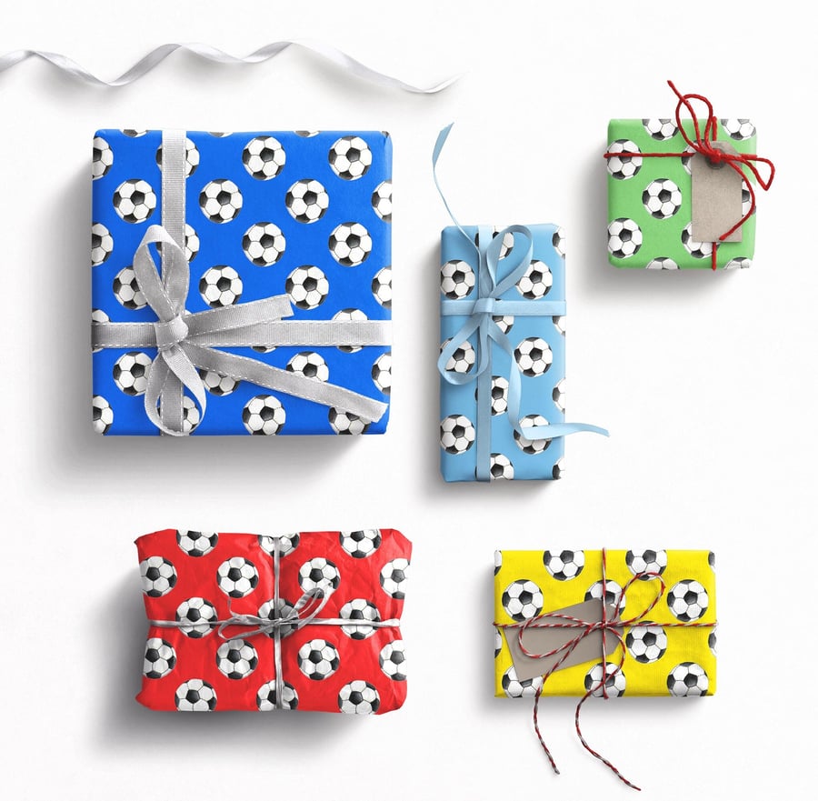 Football wrapping paper in blue, pale blue, green, white, orange, red