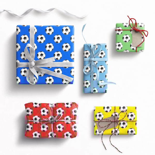 Football wrapping paper in blue, pale blue, green, white, orange, red