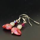 Magenta, Pearl and Crystal Sterling silver Drop Earrings