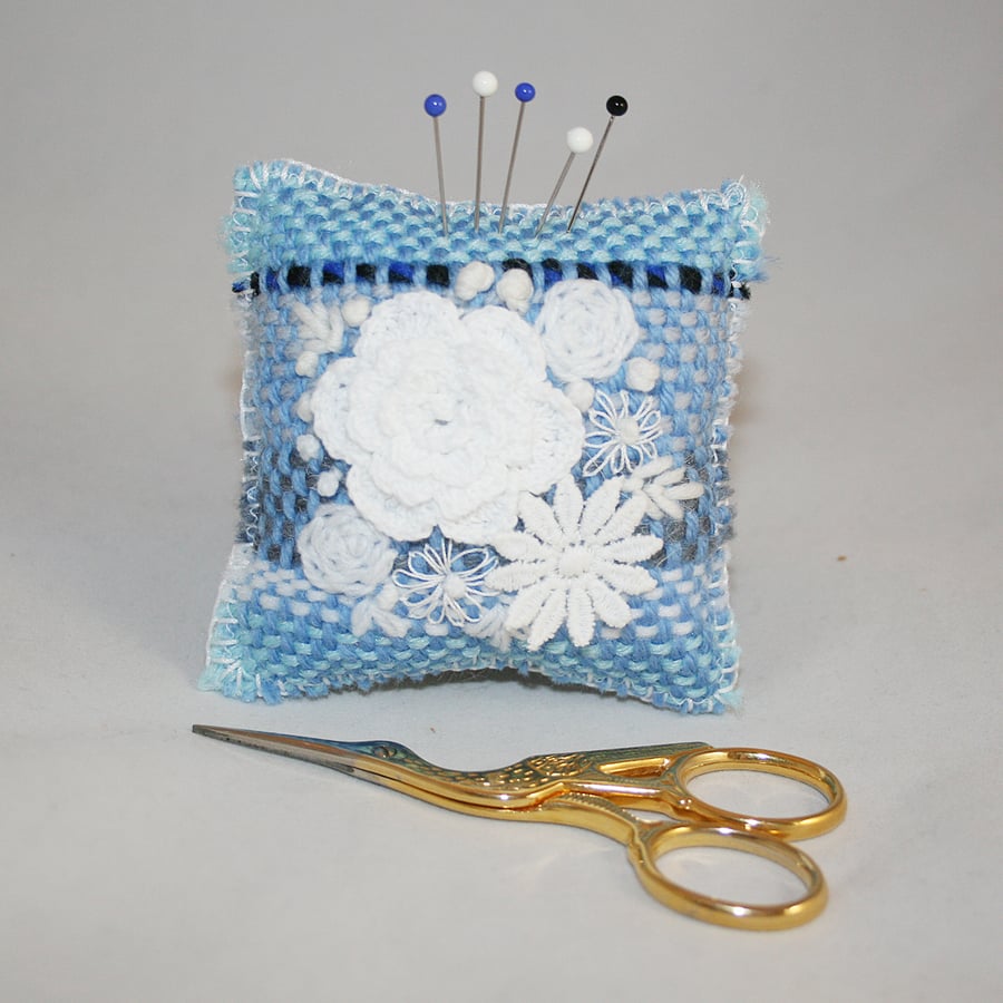 SALE Embroidered Woven Pincushion - White on Blue