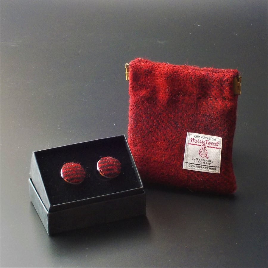 Harris tweed gift set cufflinks and flex top coin purse red