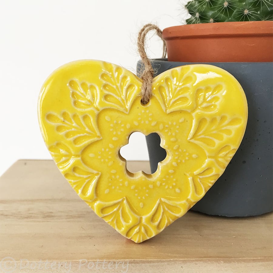 Ceramic heart hanging decoration Pottery Heart Folk art love heart NEON YELLOW