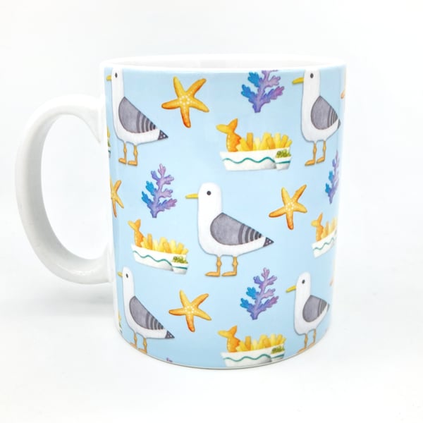 Seagull Pattern Mug - Fish and Chips. Seaside Mug Coastal Nautical Kitchen Decor