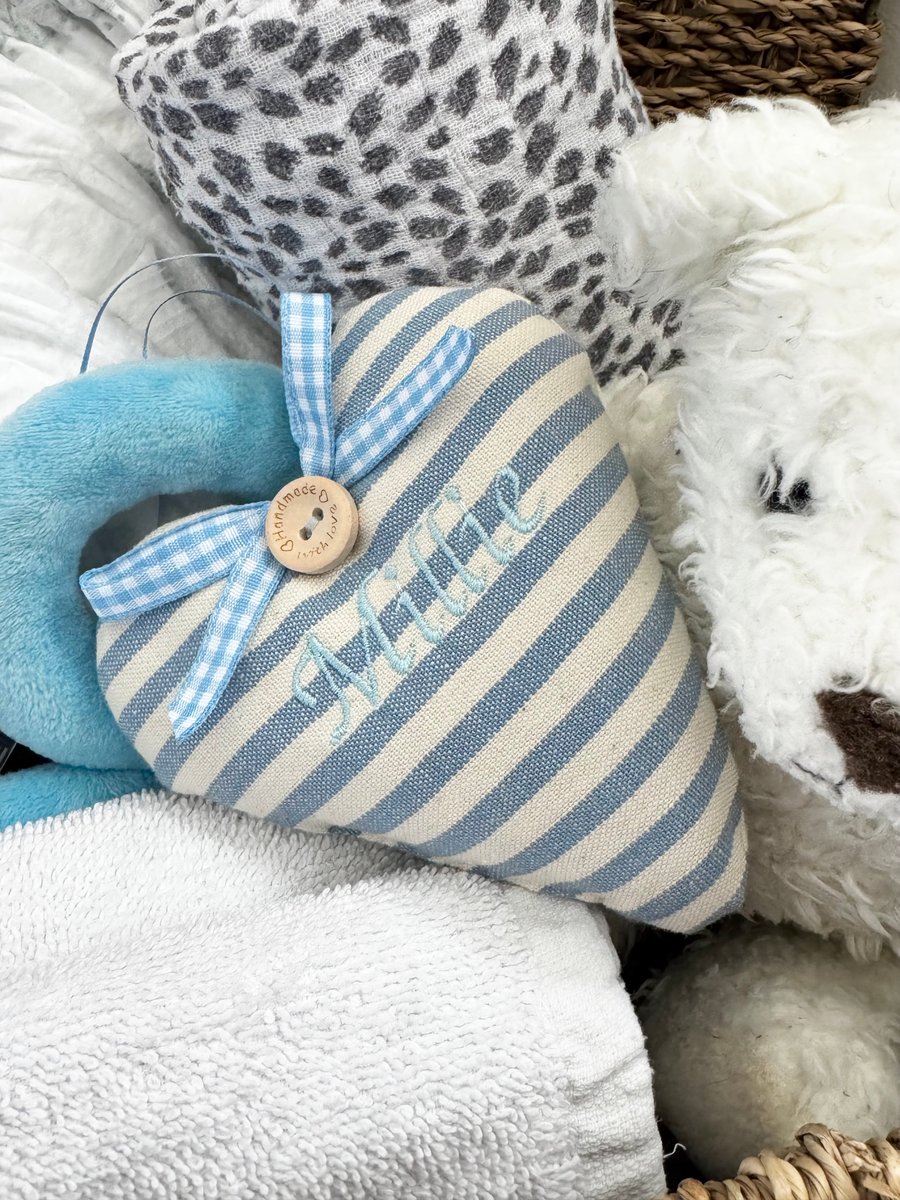 BLUE NAME HEART - new baby gift - blue stripes