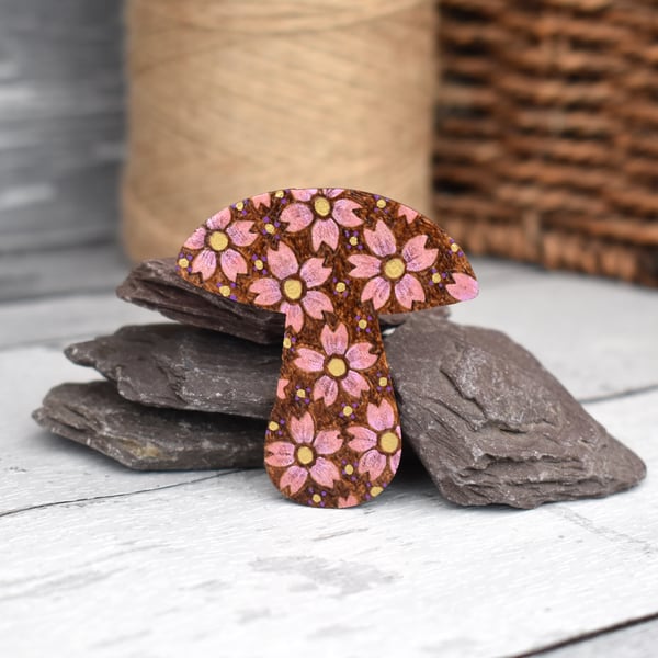 Pink Flower toadstool Brooch hand burned using pyrography.
