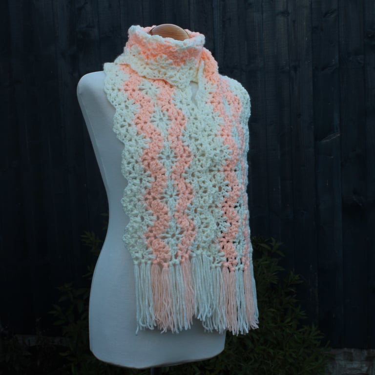 Crochet Stripey Scarf in Peach and Cream