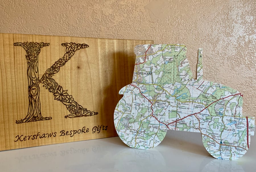 Map tractor, wooden tractor map gift, wooden map art. Personalised map Farmer