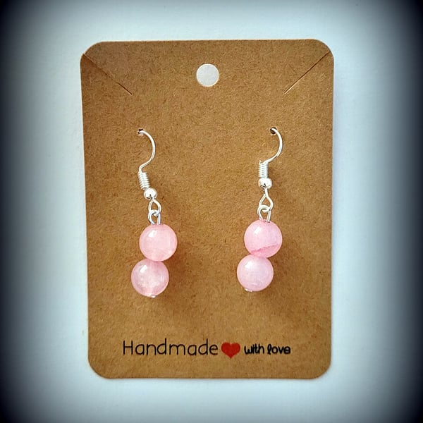 Pink Catseye Crystal Bead Earrings, Silver Plated Hooks, Pillow Gift Box