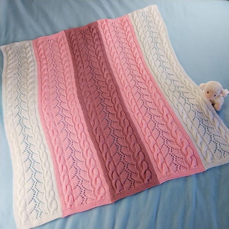 Hand Knitted Pink and White Baby Blanket, Cable and Lace Pram or Cot Blanket