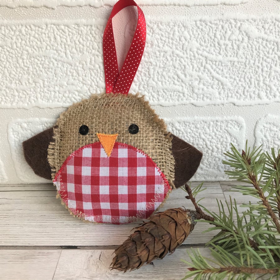 Rustic Christmas Robin hanging decoration in hessian and red gingham