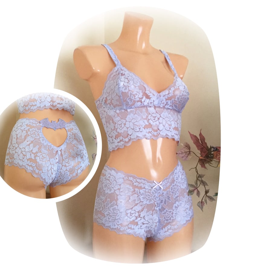 Pastel goth Bat embroidered underwear set. Unusual lingerie  by Fidditchdesigns 