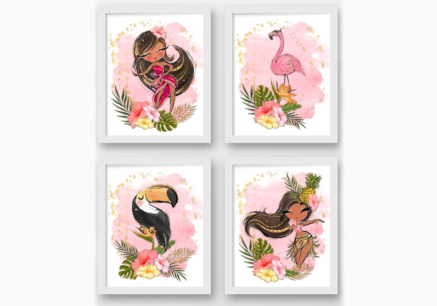 Tropical girl nursery wall prints, tropical wall decor, hawaii wall art prints