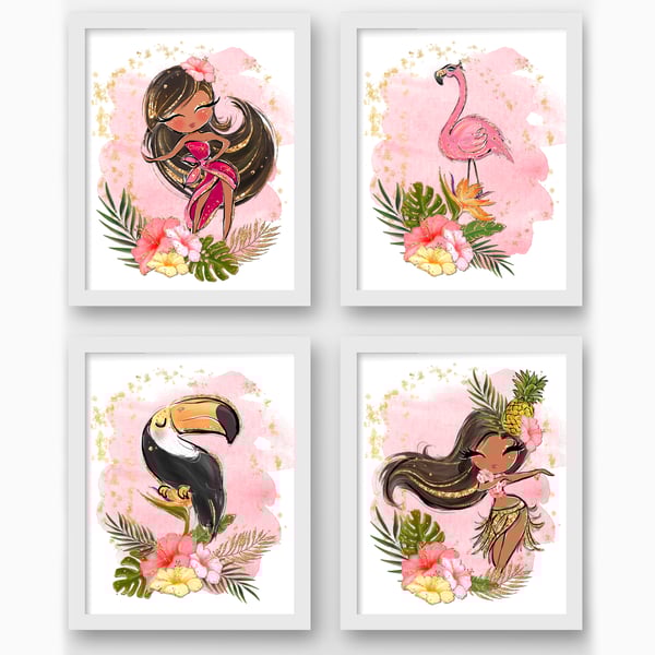 Tropical girl nursery wall prints, tropical wall decor, hawaii wall art prints