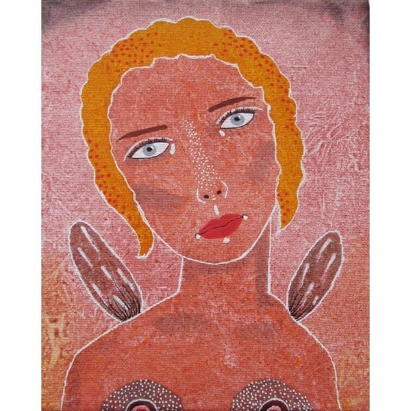 Small Angel Painting On Canvas Spiritual Art Female Woman Figure Pink Orange Art