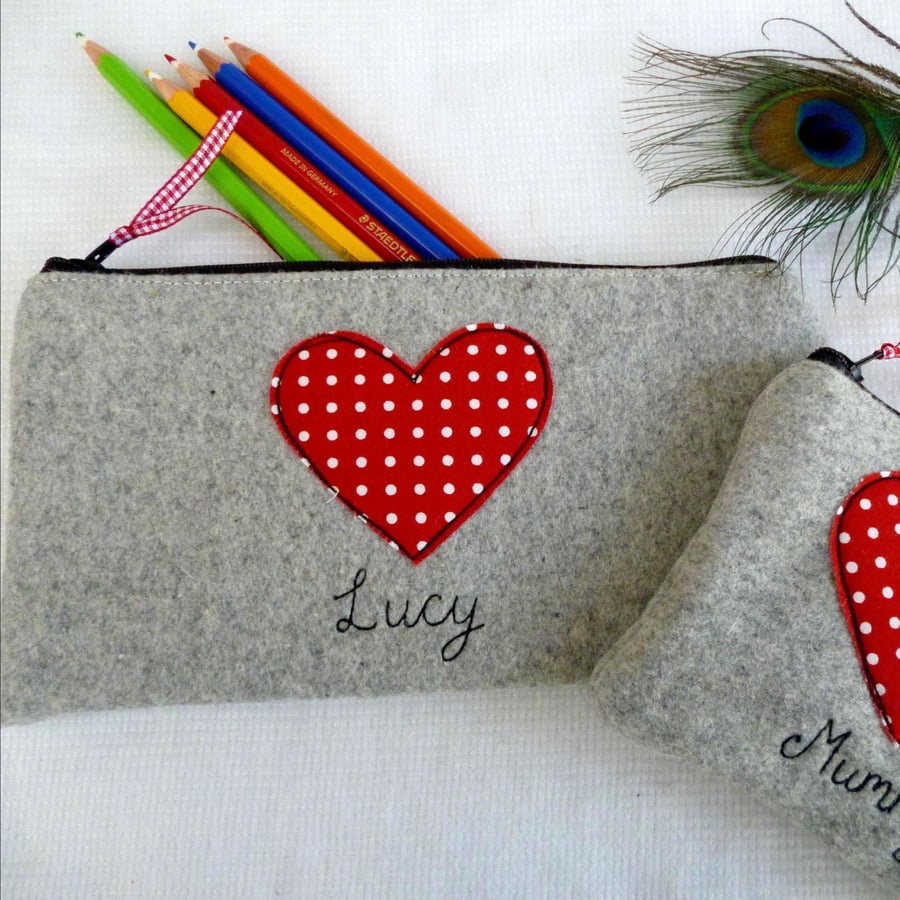 Red Heart Polka Dot Pencil Case - Personalised Spotty Art Pen Case