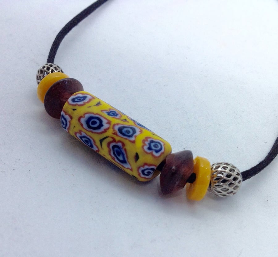 Cord necklace with giant yellow trade bead for men or women