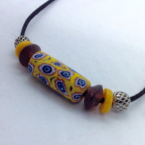 Cord necklace with giant yellow trade bead for men or women