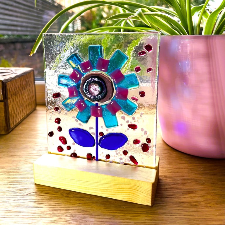 Blue and pink flower glass suncatcher