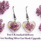 Purple Flower Heart Resin Earrings with Gold Leaf – Lightweight Dangles