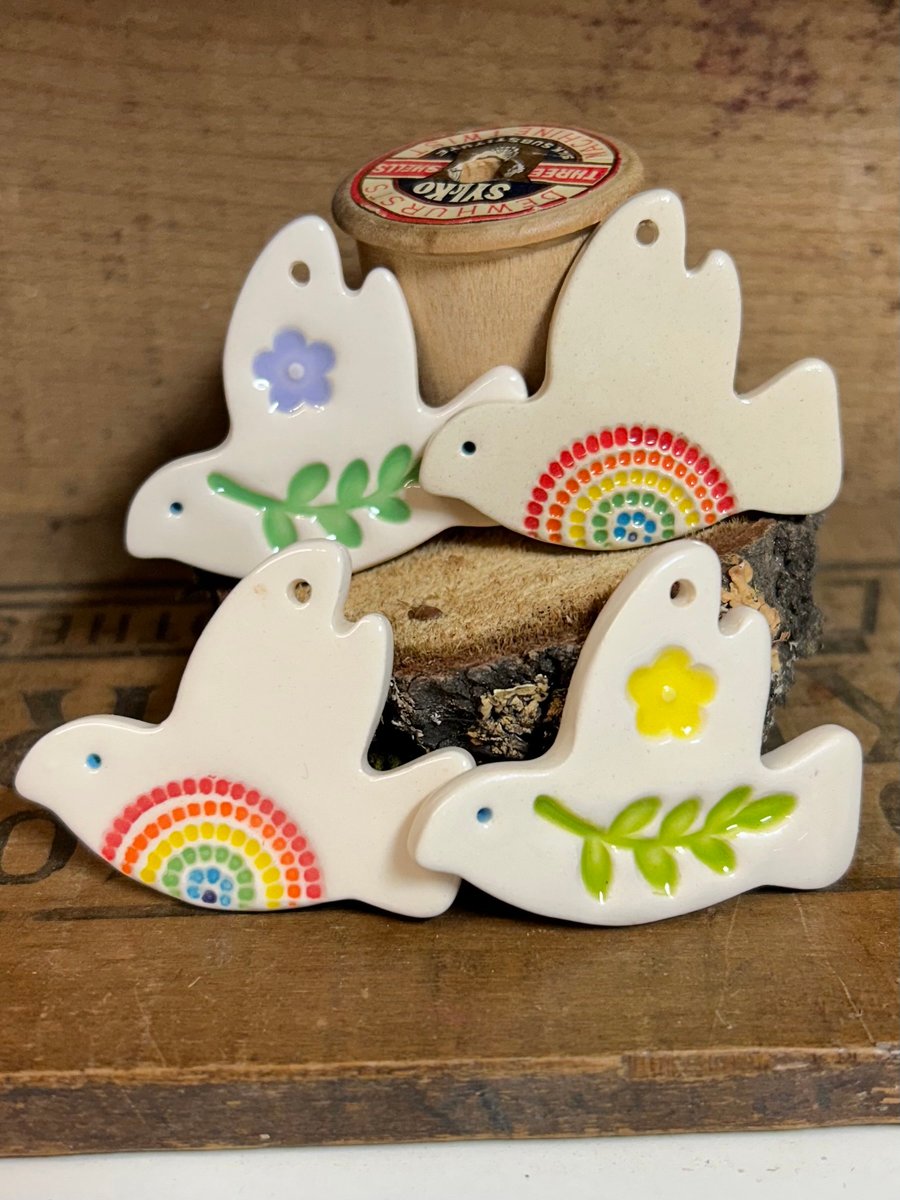 Perfectly Imperfect Set of four lightweight ceramic dove decorations