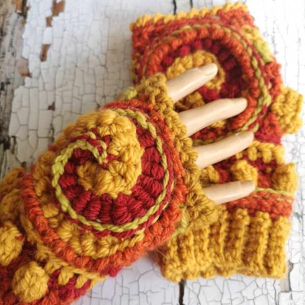 Autumnal Rebirth Spiral Wrist Warmers, Ready to Post.