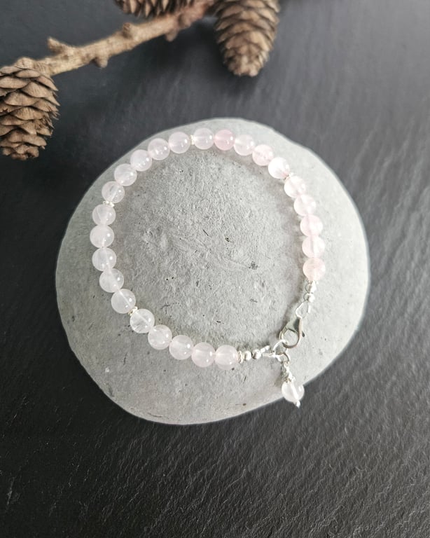 Pale Pink Rose Quartz and Sterling Silver Bracelet