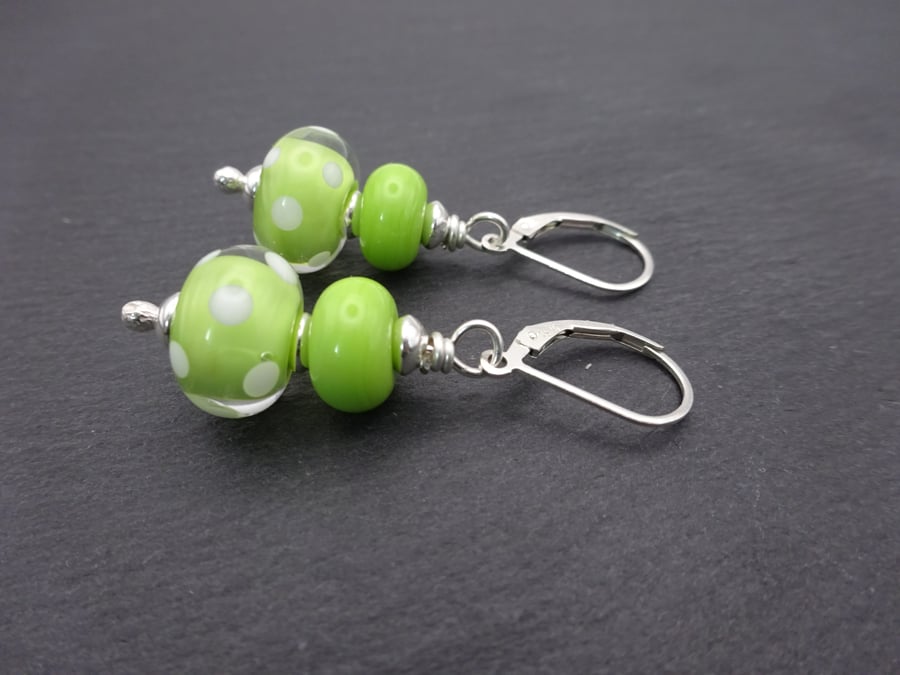 sterling silver lever back earrings, lime green lampwork glass jewellery