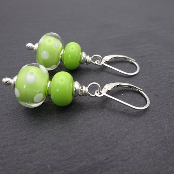 sterling silver lever back earrings, lime green lampwork glass jewellery