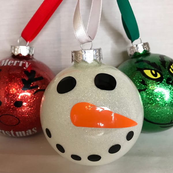 Three different glass glitter Christmas tree baubles 