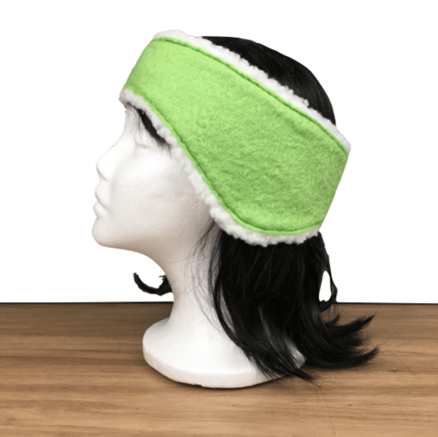 Bright green felted ear warmer, muff, headband with sherpa fleece lining