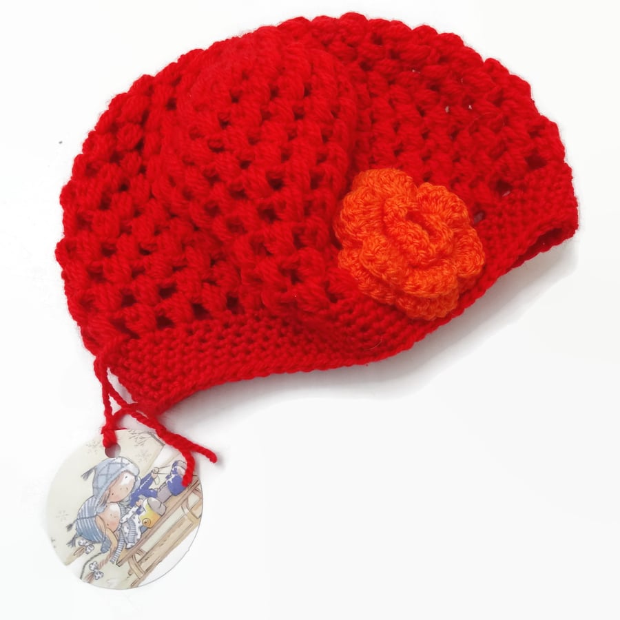6 to 24 month Chloe Hat with Vermillion Red and Orange Flower