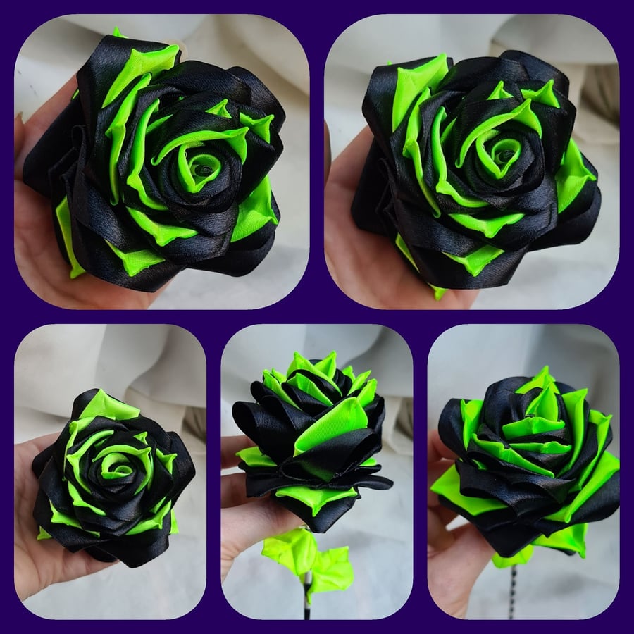 Gothic Handmade Toxic Ribbon Rose - Long Stem Artificial Forever Flower Gift.
