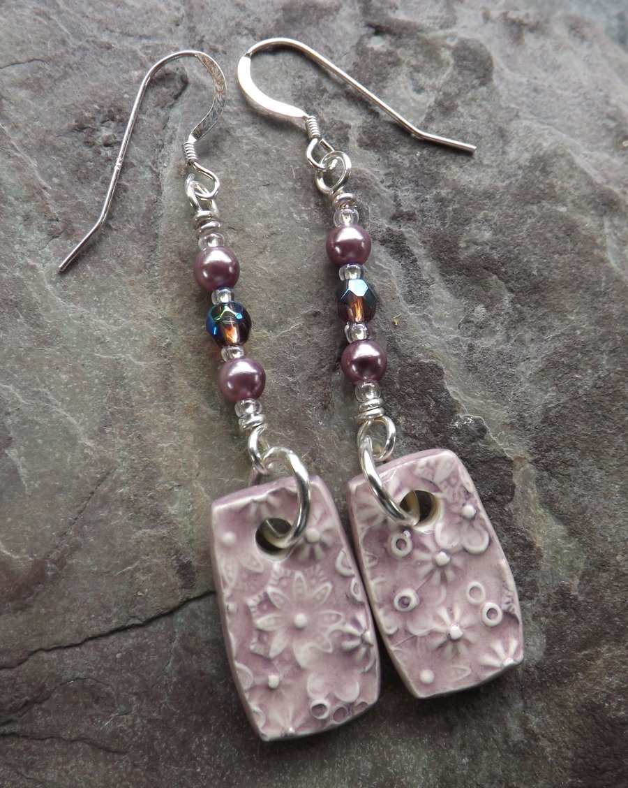 Handmade ceramic, glass crystal and pearl, sterling silver drop earrings