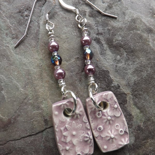 Handmade ceramic, glass crystal and pearl, sterling silver drop earrings