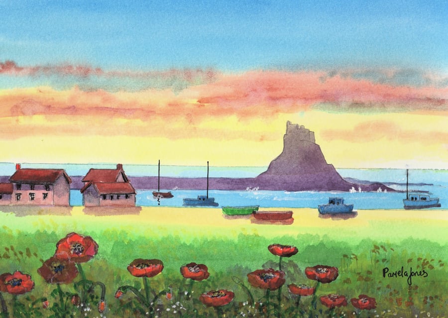 Holy island, Lindisfarne, Northumberland, Original Watercolour in 14 x 1 " Mount