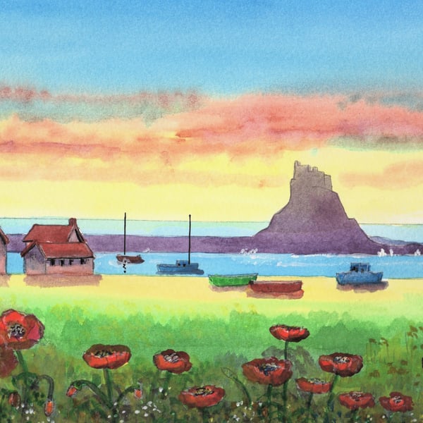 Holy island, Lindisfarne, Northumberland, Original Watercolour in 14 x 1 " Mount
