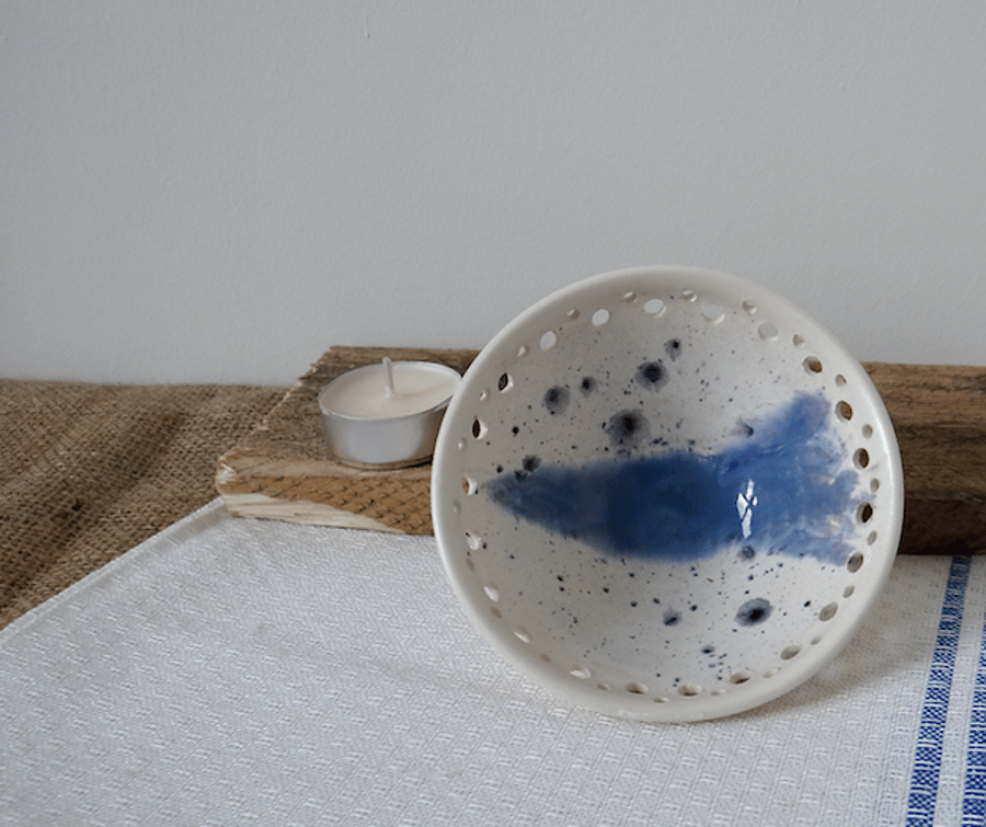 Ceramic trinket dish bowl in blue and white - handmade stoneware pottery