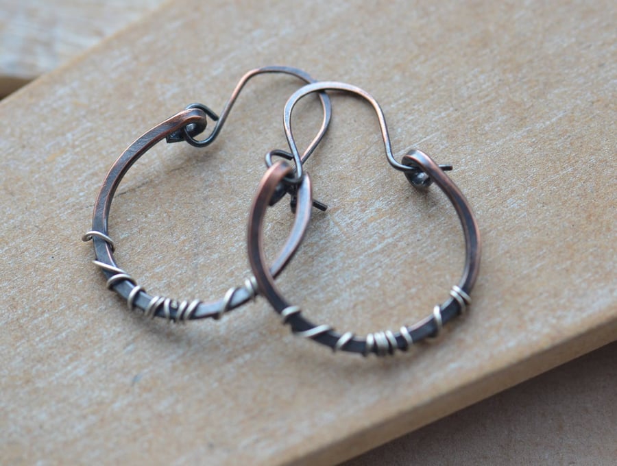 Handmade Copper Hoop Earrings with Sterling Silver Wrapped Wire