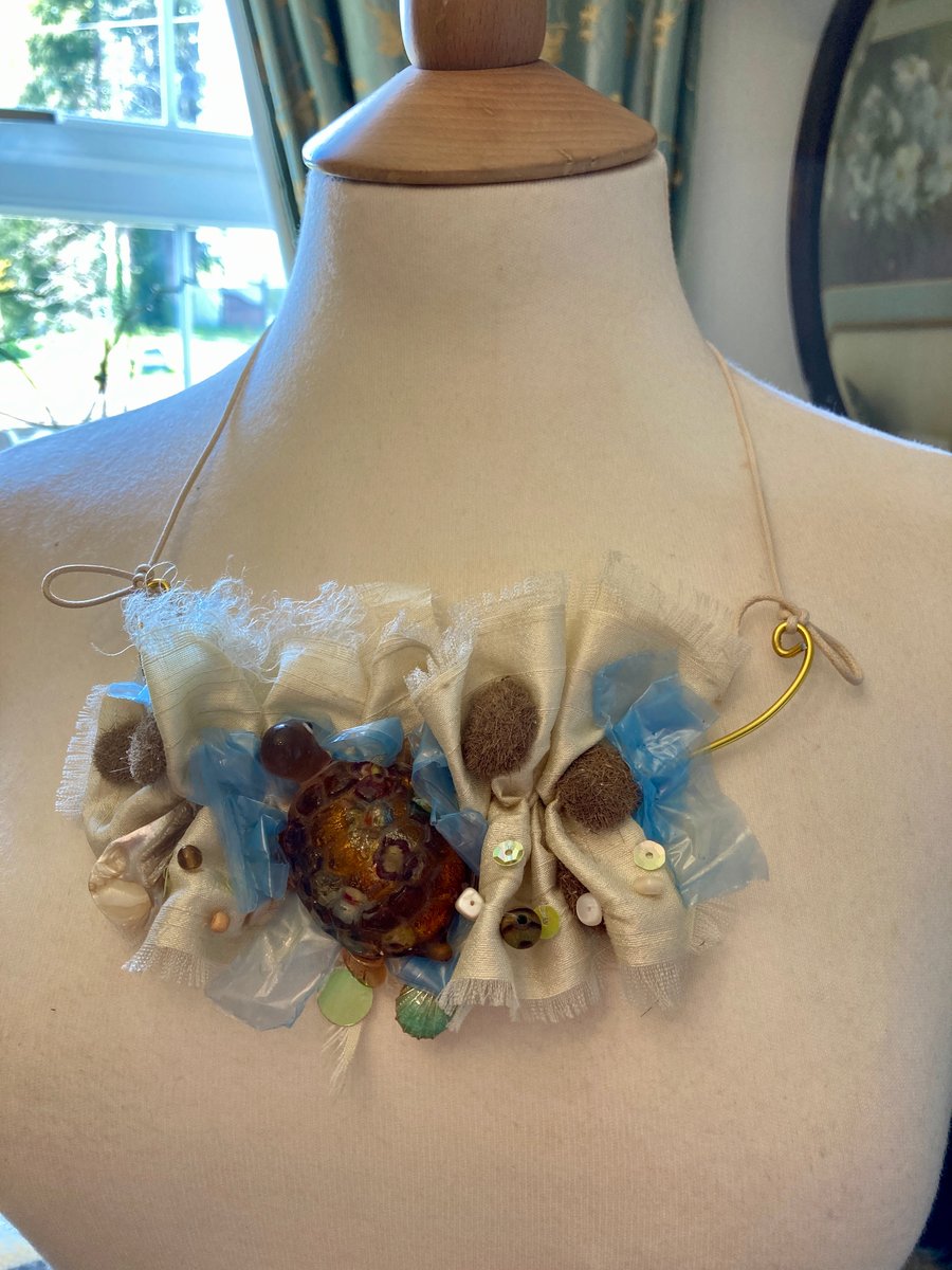 Save Our Sea Turtles Statement Bib Necklace with Murano Glass, Silk & Shells