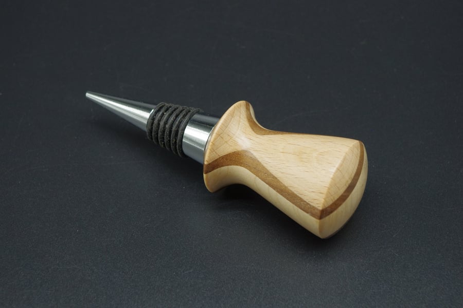 Hand Turned Wooden Bottle Stopper, Scottish Mixed Woods With Mahogany Stripes.