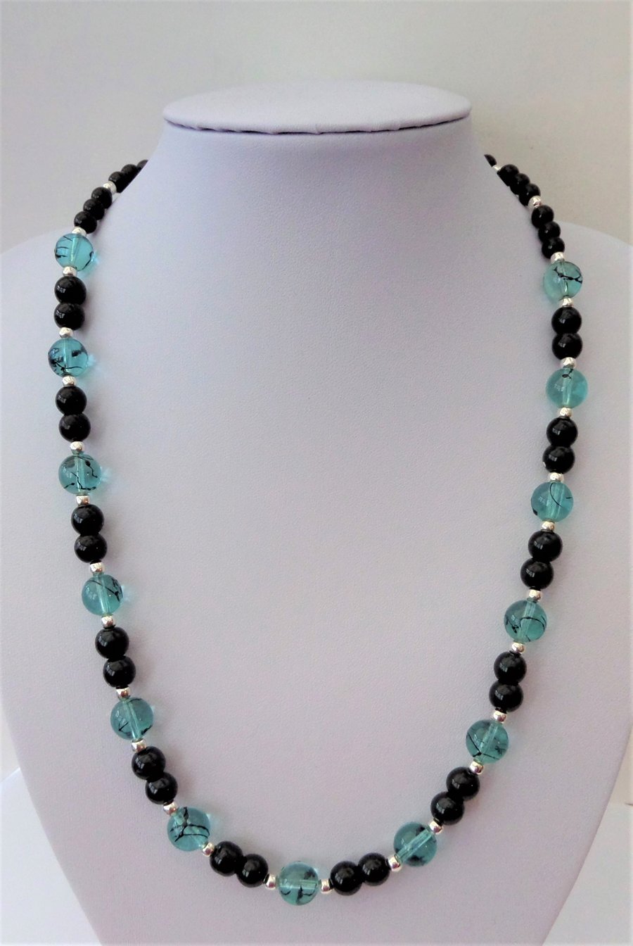 Light blue glass bead and black glass pearl necklace