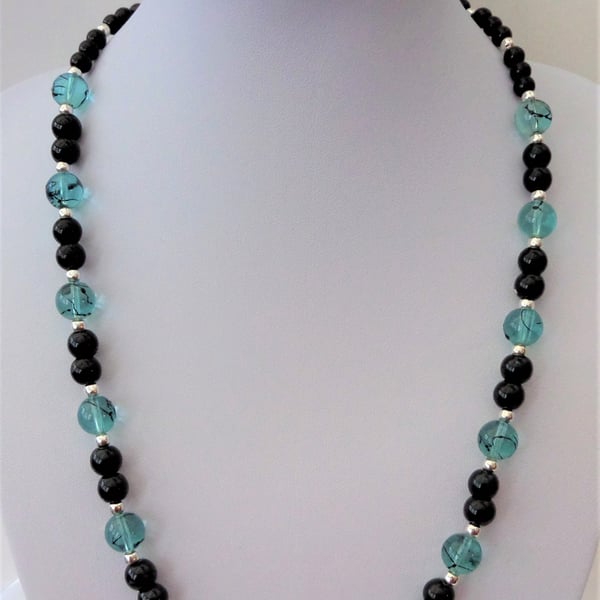 Light blue glass bead and black glass pearl necklace