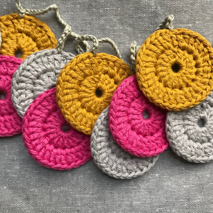 Circle Crochet Garland- mustard yellow, pink, grey