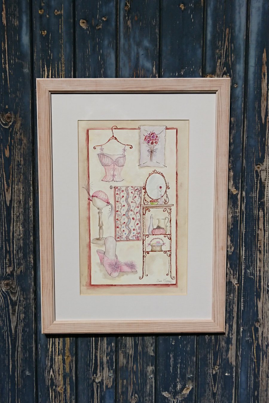 Pink camisole vintage inspired collage original watercolour painting